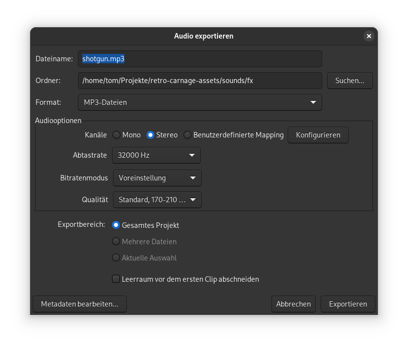 Audacity export modal